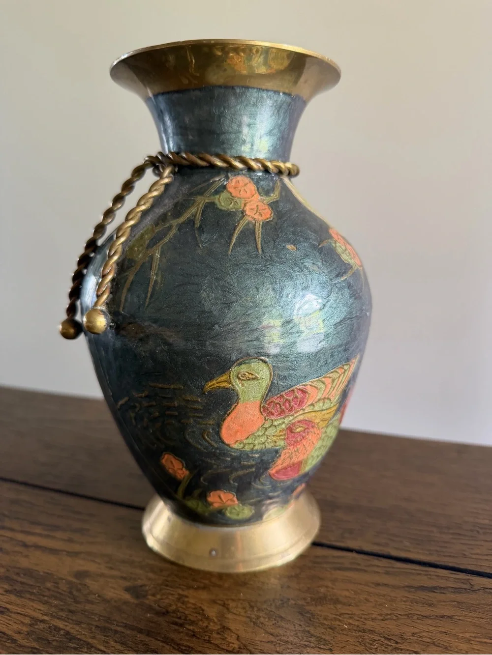Vintage Brass CLOISONNE VASE Hand Painted 9.5